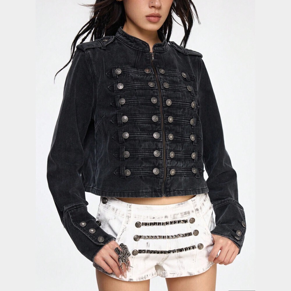 Black Denim Military Band Jacket with Silver Button Trim